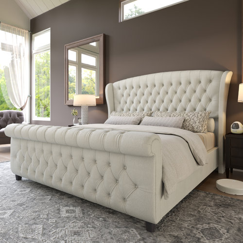 Dulane Chenille / Velvet Upholstered Sleigh Bed with Scroll Wingback Headboard